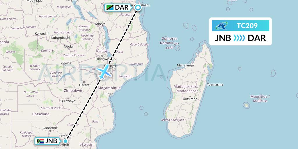 TC209 Air Tanzania Flight Map: Johannesburg to Dar-es-Salaam