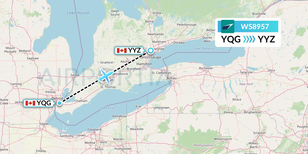 WS8957 WestJet Flight Map: Windsor to Toronto