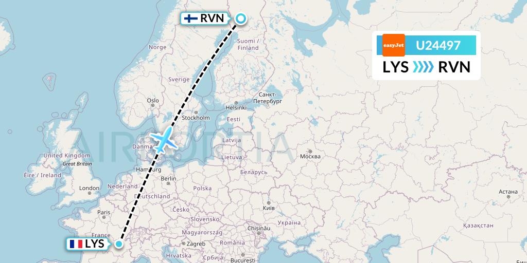 U24497 EasyJet Flight Map: Lyon to Rovaniemi