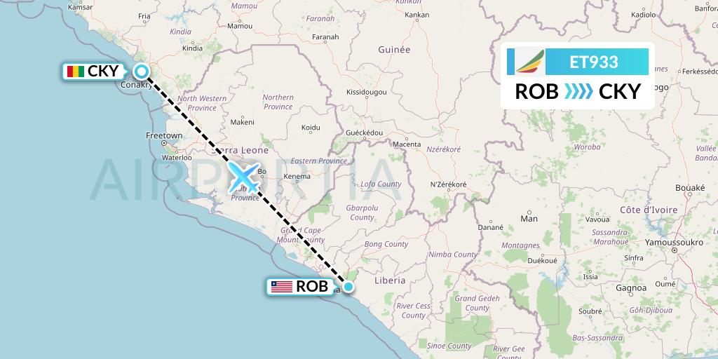 ET933 Ethiopian Airlines Flight Map: Monrovia to Conakry