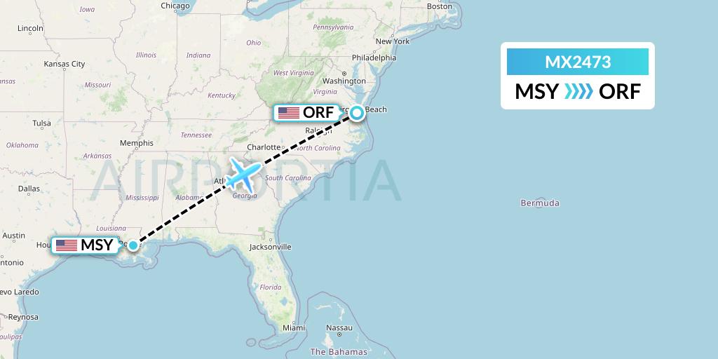 MX2473 Breeze Airways Flight Map: New Orleans to Norfolk
