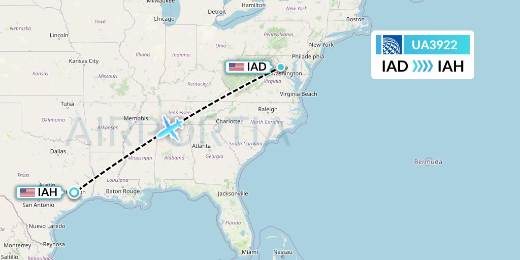 UA3922 United Airlines Flight Map: Washington to Houston