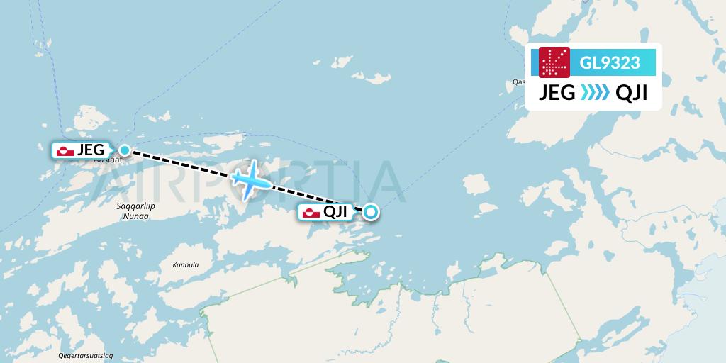 GL9323 Air Greenland Flight Map: Aasiaat to Ikamiut