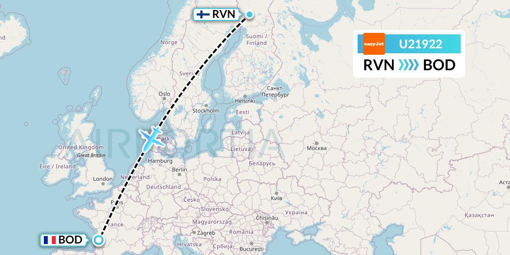 U21922 EasyJet Flight Map: Rovaniemi to Bordeaux