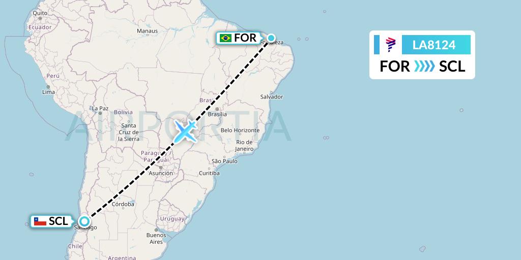 LA8124 LAN Airlines Flight Map: Fortaleza to Santiago