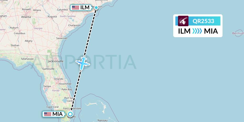 QR2533 Qatar Airways Flight Map: Wilmington to Miami