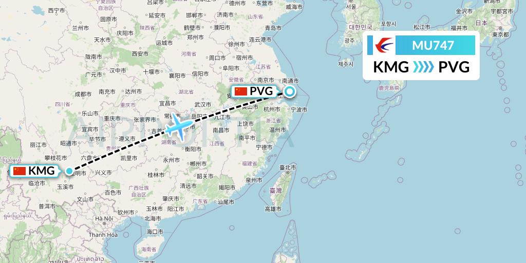MU747 China Eastern Airlines Flight Map: Kunming to Shanghai