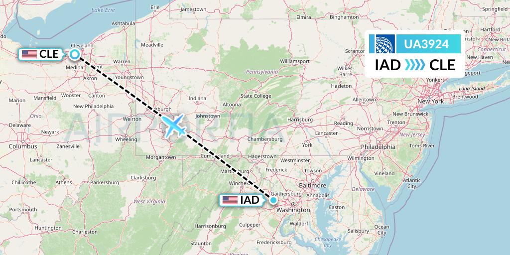 UA3924 United Airlines Flight Map: Washington to Cleveland