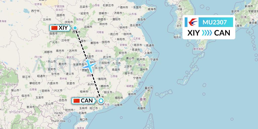 MU2307 China Eastern Airlines Flight Map: Xi'an to Guangzhou