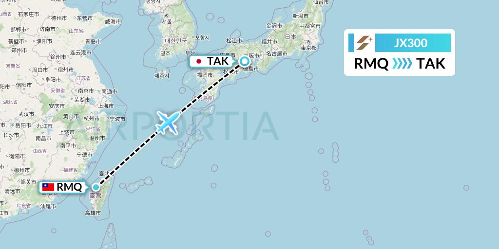 JX300 Starlux Airlines Flight Map: Taichung to Takamatsu