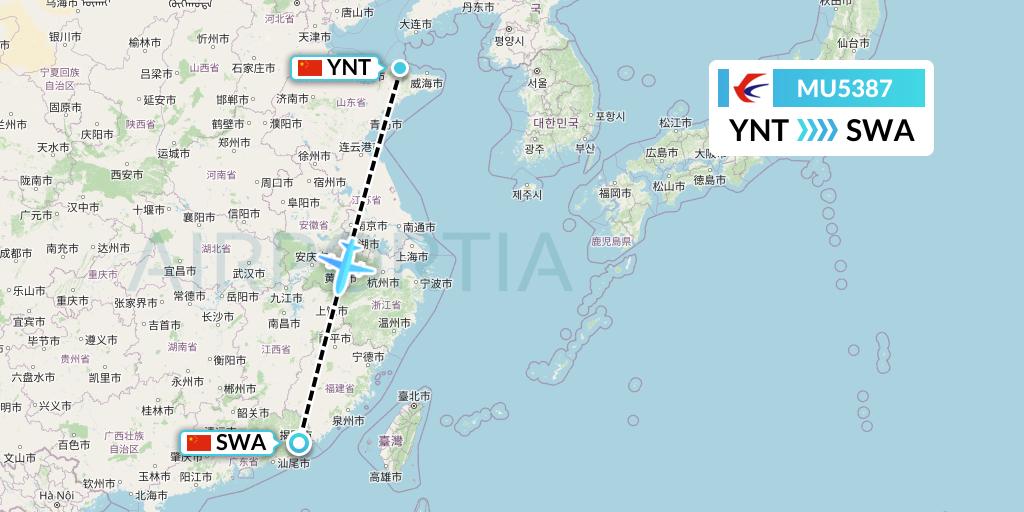 MU5387 China Eastern Airlines Flight Map: Yantai to Jieyang