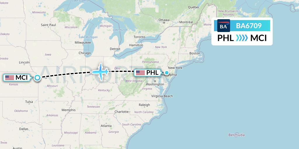 BA6709 British Airways Flight Map: Philadelphia to Kansas City