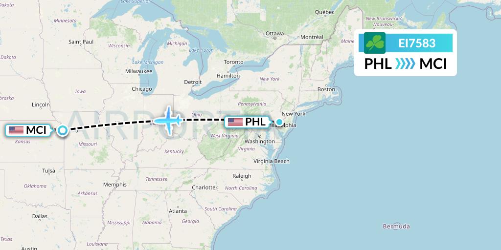 EI7583 Aer Lingus Flight Map: Philadelphia to Kansas City