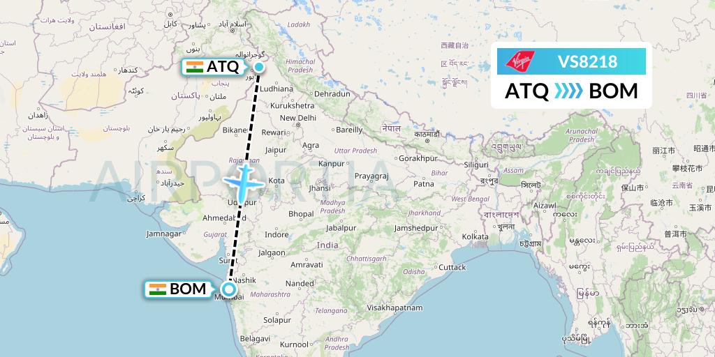 VS8218 Virgin Atlantic Airways Flight Map: Amritsar to Mumbai