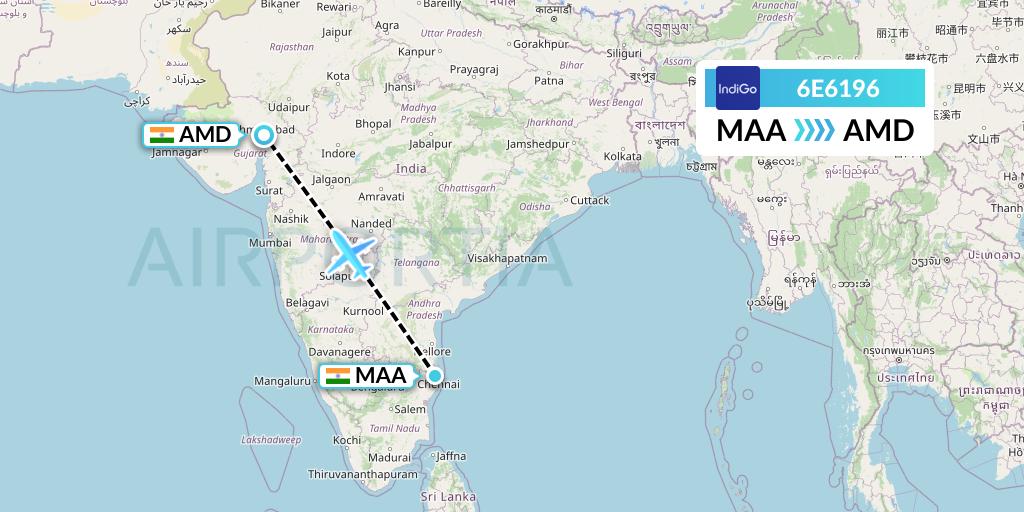 6E6196 IndiGo Airlines Flight Map: Chennai to Ahmedabad