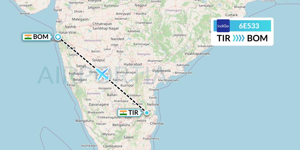 6E533 IndiGo Airlines Flight Map: Tirupati to Mumbai