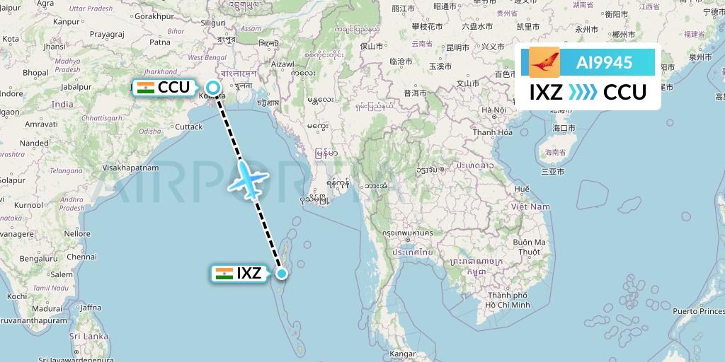 AI9945 Air India Flight Map: Port Blair to Kolkata