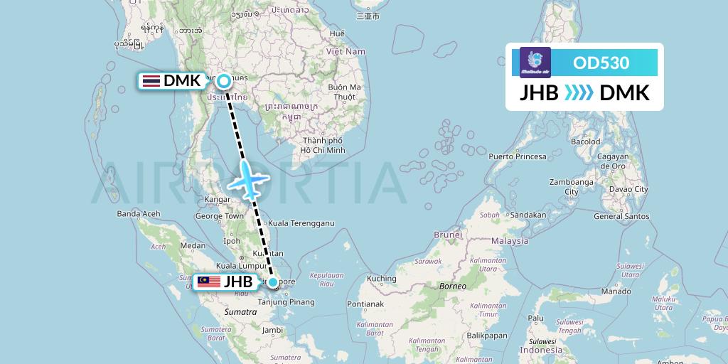 OD530 Batik Air Malaysia Flight Map: Johor Bahru to Bangkok