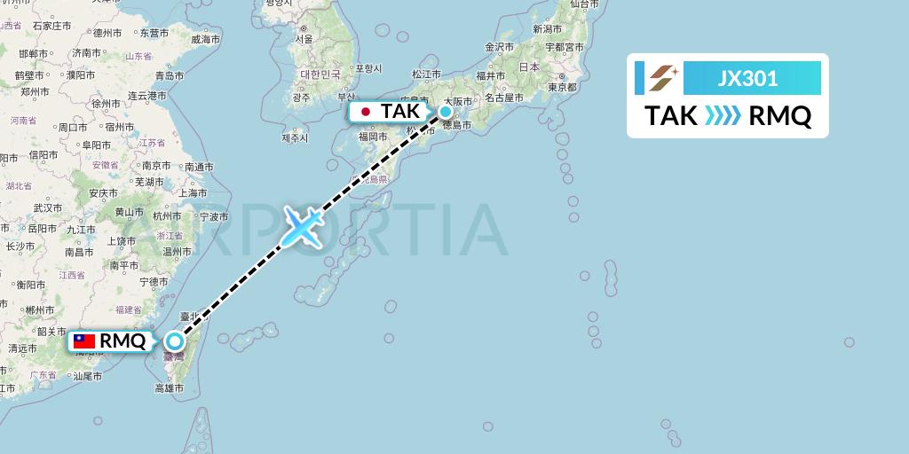 JX301 Starlux Airlines Flight Map: Takamatsu to Taichung