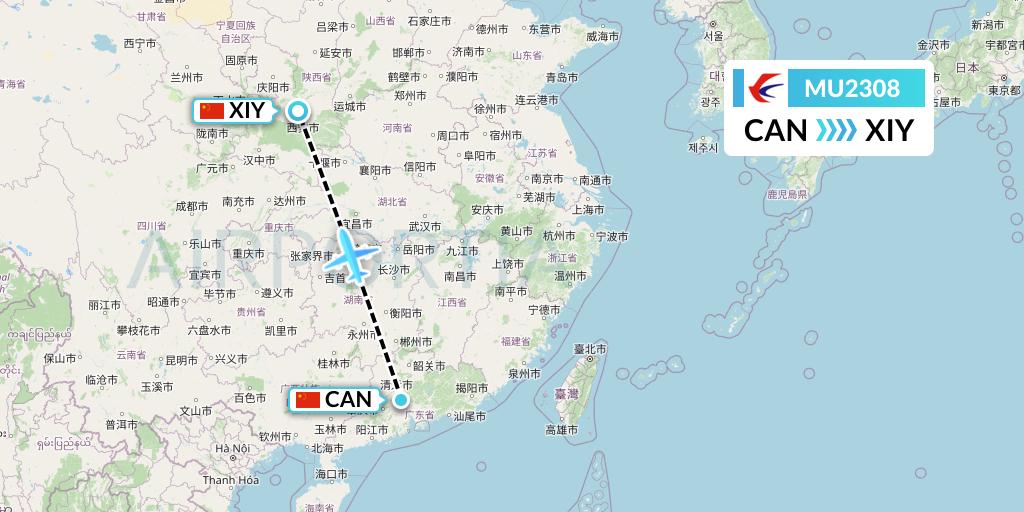 MU2308 China Eastern Airlines Flight Map: Guangzhou to Xi'an