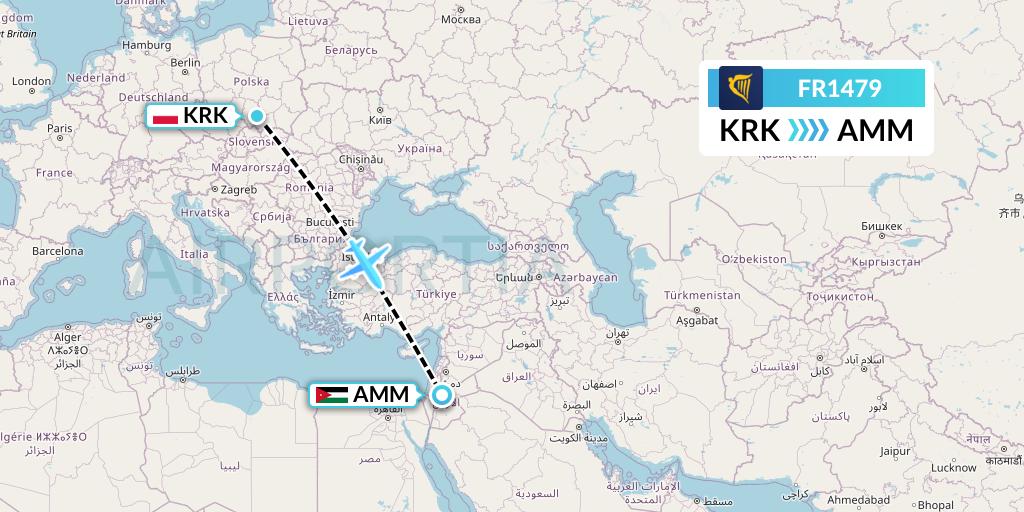 FR1479 Ryanair Flight Map: Krakow to Amman