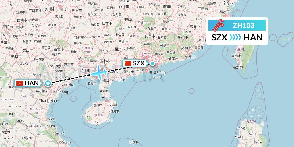 ZH103 Shenzhen Airlines Flight Map: Shenzhen to Hanoi