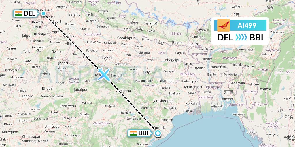 AI499 Air India Flight Map: Delhi to Bhubaneswar