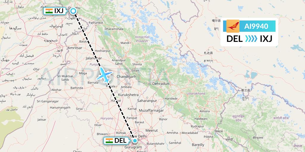 AI9940 Air India Flight Map: Delhi to Jammu