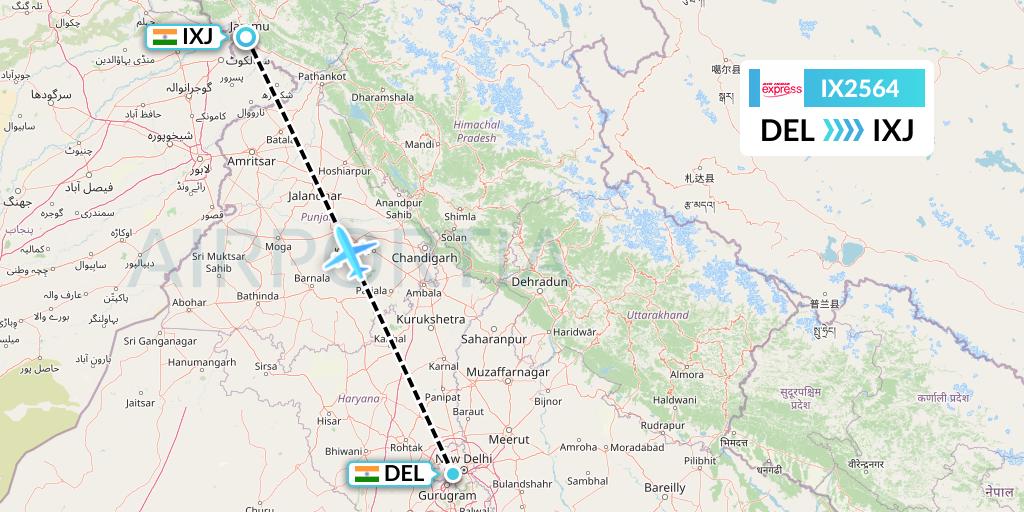 IX2564 Air India Express Flight Map: Delhi to Jammu