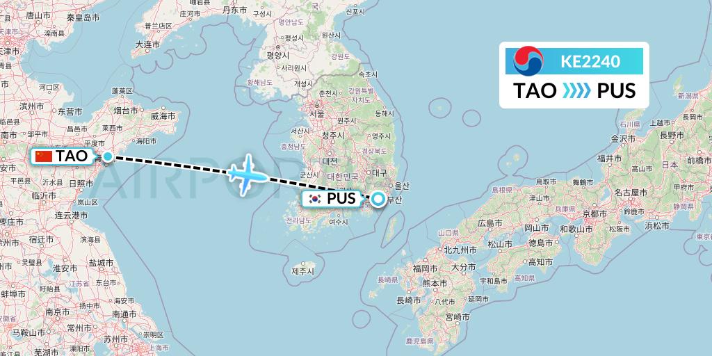 KE2240 Korean Air Flight Map: Qingdao to Busan