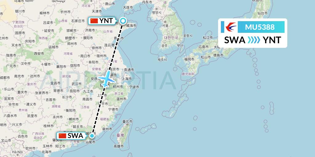 MU5388 China Eastern Airlines Flight Map: Jieyang to Yantai