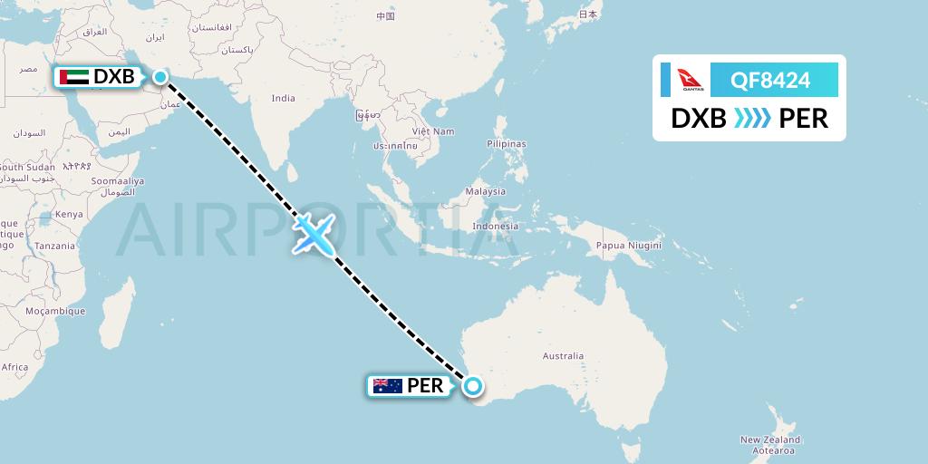 QF8424 Qantas Flight Map: Dubai to Perth