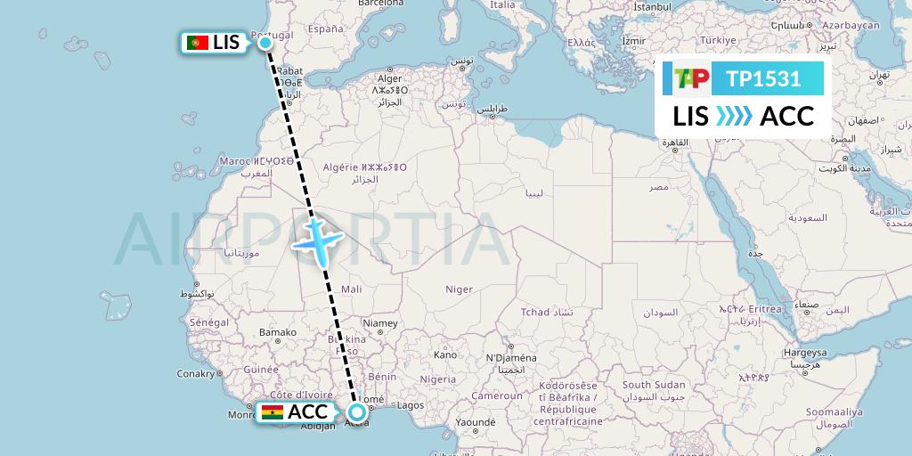 TP1531 TAP Portugal Flight Map: Lisbon to Accra