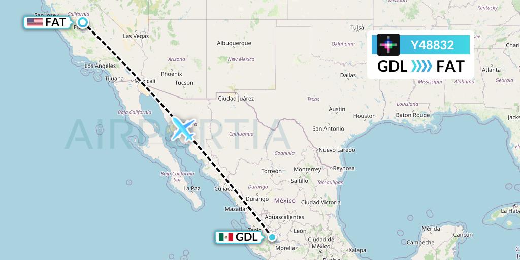 Y48832 Volaris Flight Map: Guadalajara to Fresno