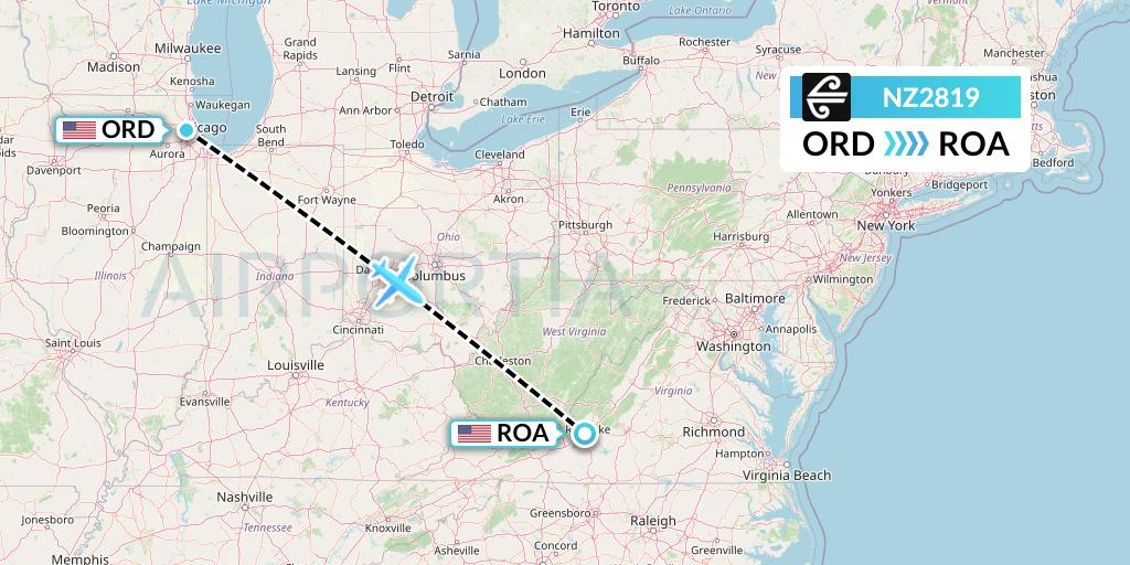 NZ2819 Air New Zealand Flight Map: Chicago to Roanoke