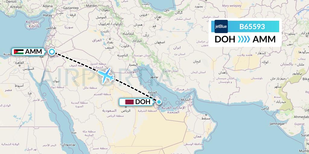 B65593 JetBlue Airways Flight Map: Doha to Amman