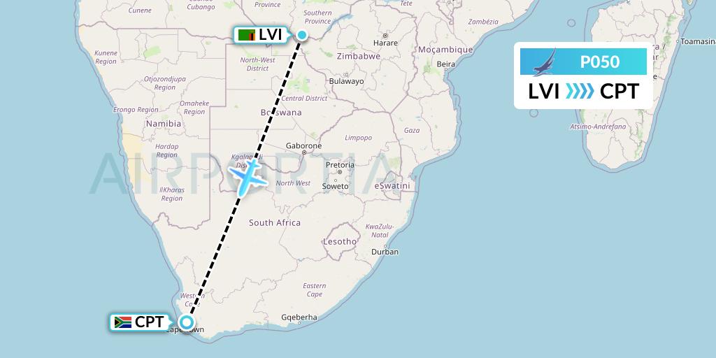P050 Proflight Air Services Flight Map: Livingstone to Cape Town