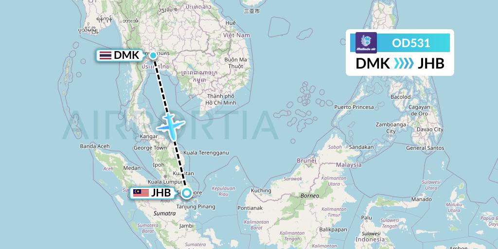 OD531 Batik Air Malaysia Flight Map: Bangkok to Johor Bahru