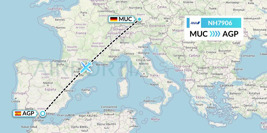 NH7906 All Nippon Airways Flight Map: Munich to Malaga