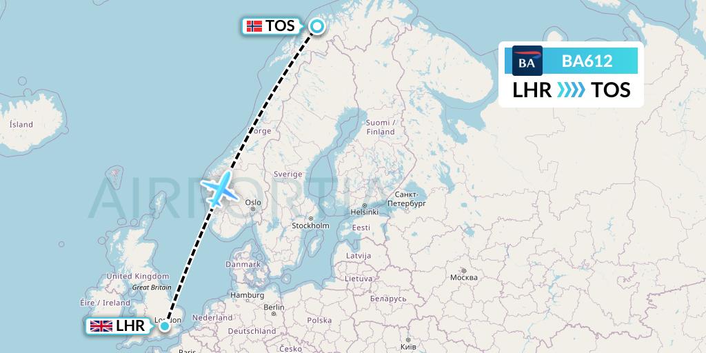BA612 British Airways Flight Map: London to Tromso