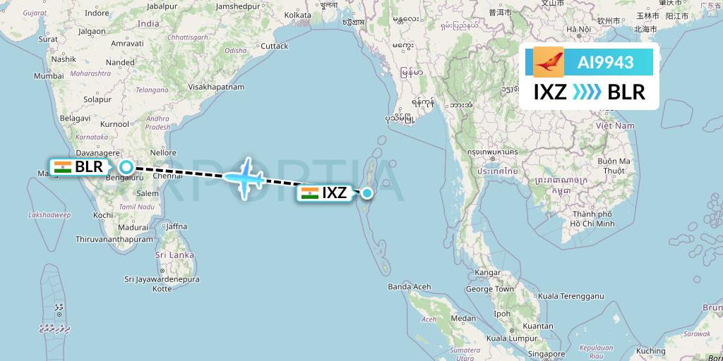 AI9943 Air India Flight Map: Port Blair to Bangalore