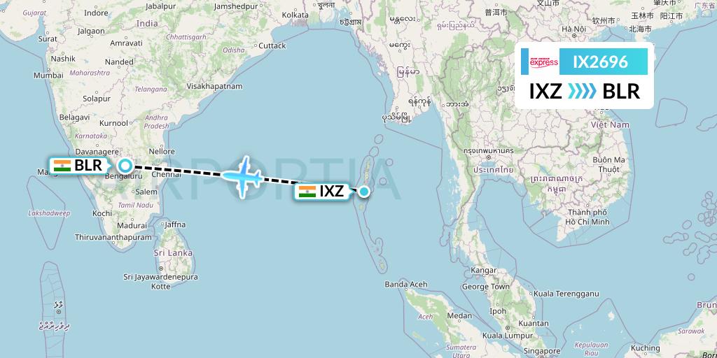 IX2696 Air India Express Flight Map: Port Blair to Bangalore