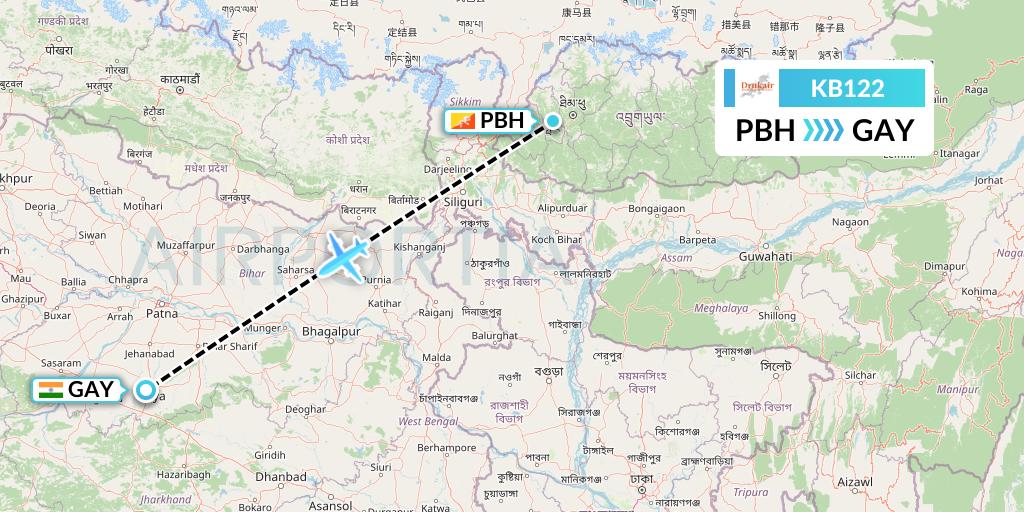 KB122 Druk Air Flight Map: Paro to Gaya