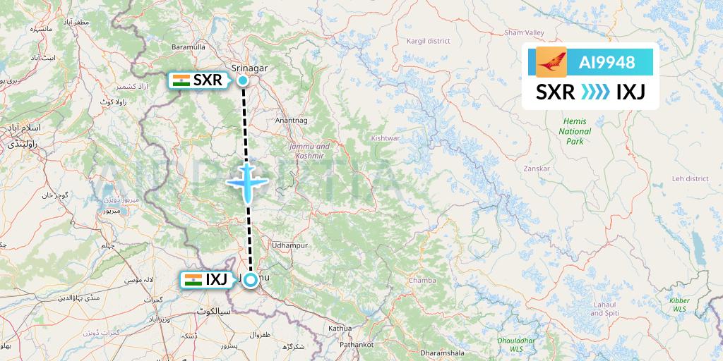 AI9948 Air India Flight Map: Srinagar to Jammu