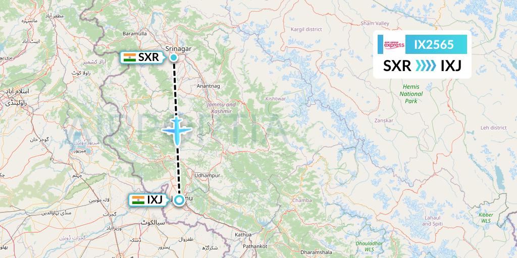 IX2565 Air India Express Flight Map: Srinagar to Jammu
