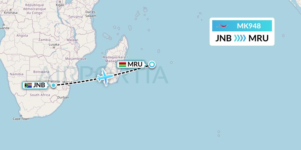 MK948 Air Mauritius Flight Map: Johannesburg to Port Louis