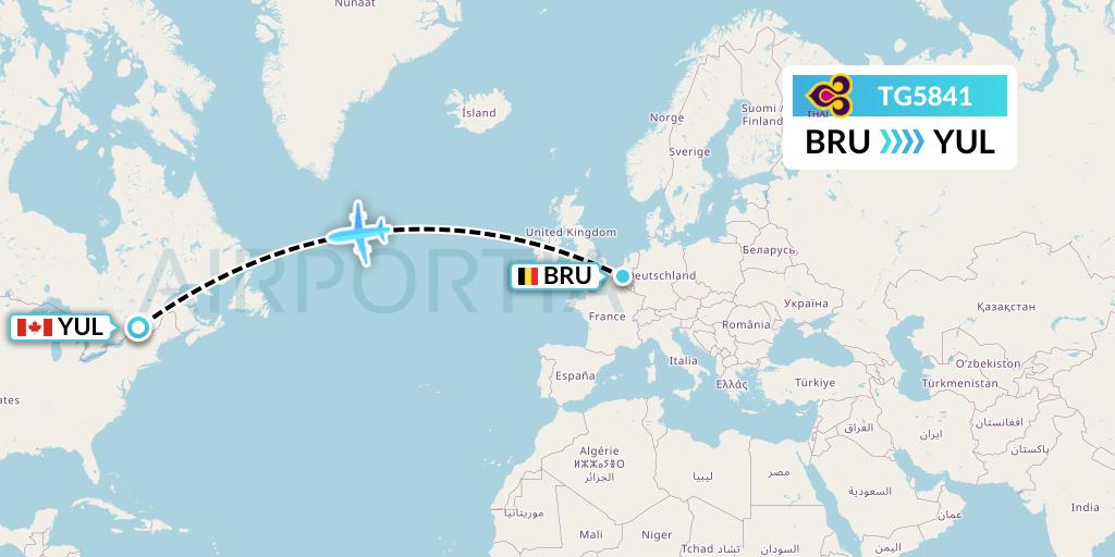 TG5841 Thai Airways Flight Map: Brussels to Montreal