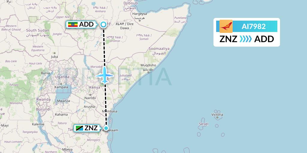 AI7982 Air India Flight Map: Zanzibar to Addis Ababa