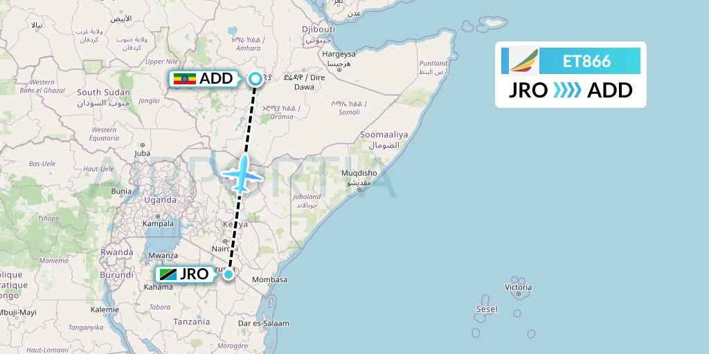 ET866 Ethiopian Airlines Flight Map: Kilimanjaro to Addis Ababa
