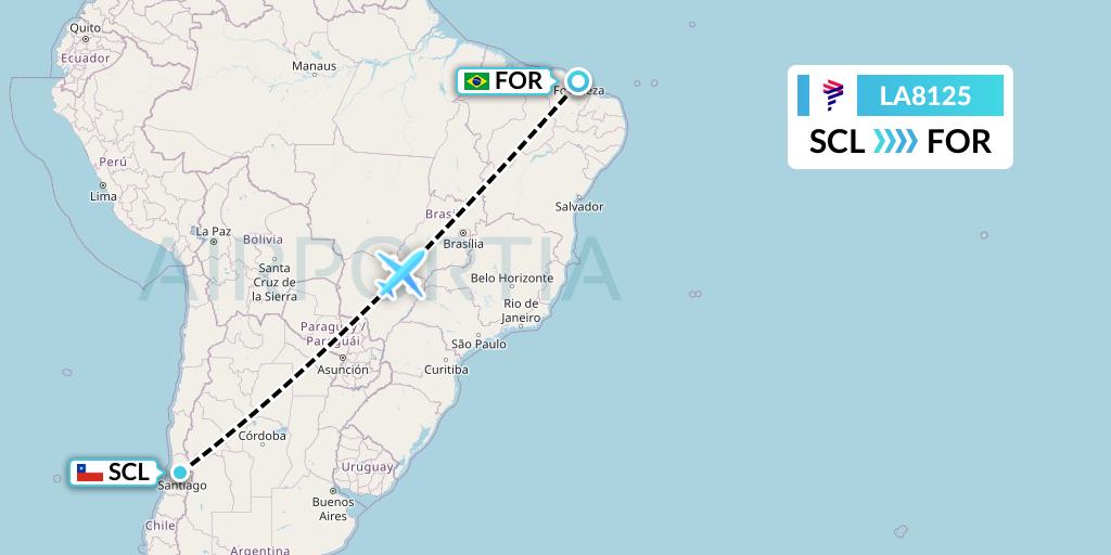 LA8125 LAN Airlines Flight Map: Santiago to Fortaleza
